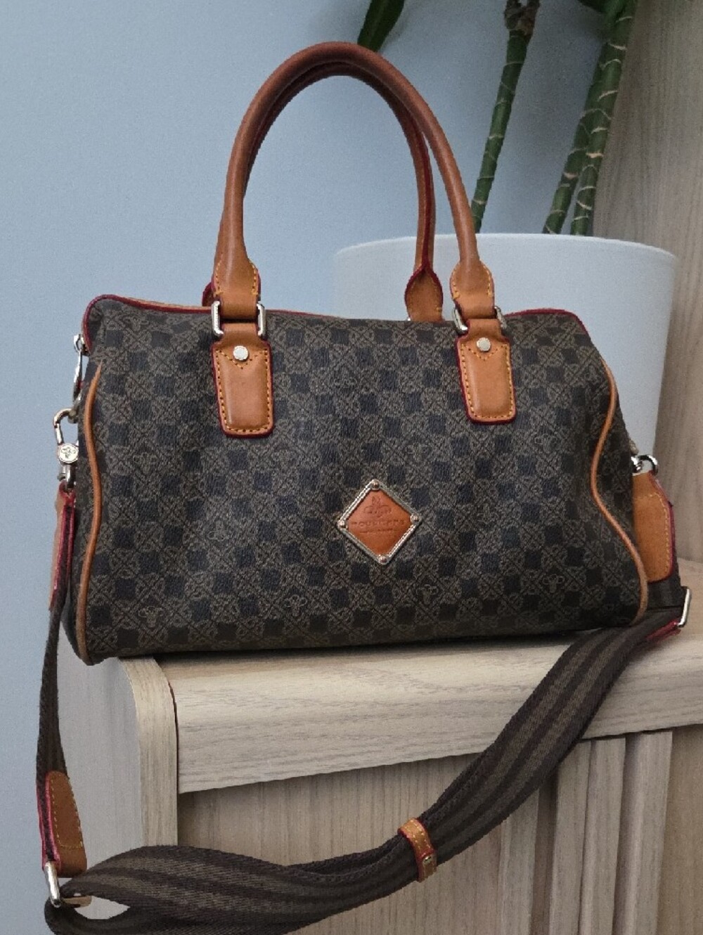 Vintage Maison Pourchet Leather Crossbody Satchel w Tan Trim & Canvas Strap - Picture 16 of 16
